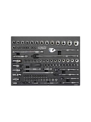 SP Tools SP05000 86-piece metric socket set with sockets and accessories 71workx front