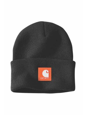 Carhartt beanie with rubber patch logo 106920 N63 Black Worksite Orange 71workx Front