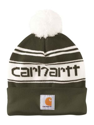 105168 Hat Knit Beanie Pom Pom Cuffed Logo Carhartt Arbovitae G99 71workx front