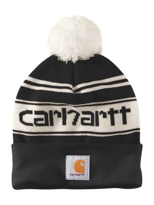 105168 Hat Knit Beanie Pom Pom Cuffed Logo Carhartt Black BLK 71workx front