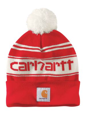 105168 Hat Knit Beanie Pom Pom Cuffed Logo Carhartt Red Winter White R72 71workx front