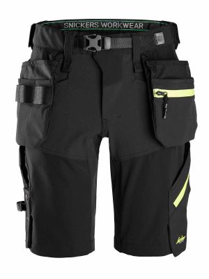 6140 Work Shorts Holster Pockets Softshell Stretch Snickers Black Neon Yellow 0467 71workx front