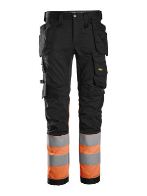6234 High Vis Work Trousers Holster Pockets Class 1 Stretch Black Orange 0455 Snickers 71workx front