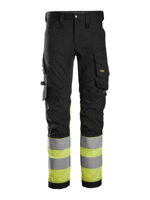 6334 High Vis Work Trousers Class 1 Stretch Snickers 71workx Black High Vis Yellow 0466 front