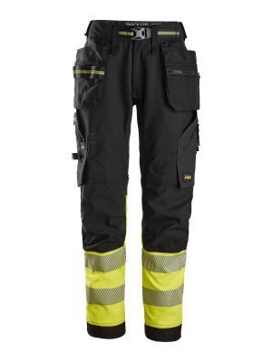 6934 High Vis Work Trousers Holster Pocket Stretch Class 1 Black Yellow 0466 Snickers 71workx front
