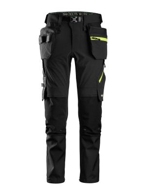 6940 Work Trousers Softshell Stretch Flexiwork Snickers Black Neon Yellow 0467 71workx front