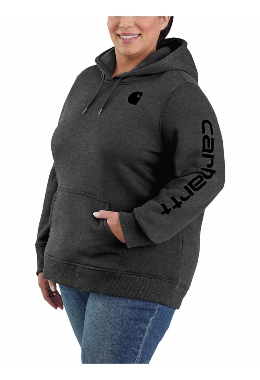 102791 Women s Hoodie with Sleeve Logo Carbon Heather CRH Carhartt
